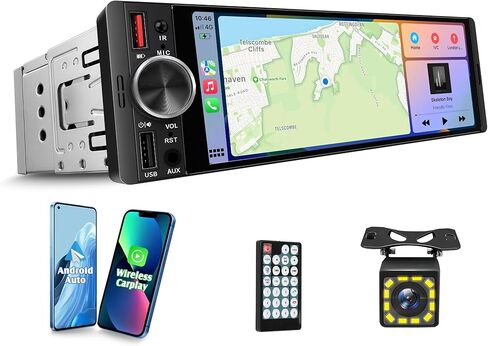 [شاشة لمس داخلية] 6.36 بوصة ستيريو سيارة أحادي الدين مع CarPlay لاسلكي/سلكي وAndroid Auto، صوت قوي 240 وات DSP مع EQ، MirrorLink، بلوتوث بدون استخدام اليدين، كاميرا احتياطية 12 LED، راديو AM/FM in Saudi Arabia