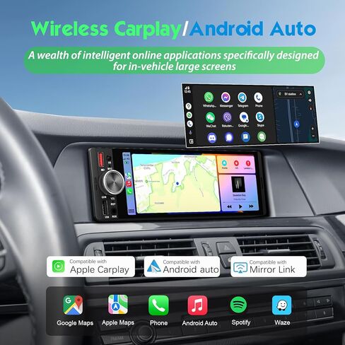 [شاشة لمس داخلية] 6.36 بوصة ستيريو سيارة أحادي الدين مع CarPlay لاسلكي/سلكي وAndroid Auto، صوت قوي 240 وات DSP مع EQ، MirrorLink، بلوتوث بدون استخدام اليدين، كاميرا احتياطية 12 LED، راديو AM/FM in Saudi Arabia