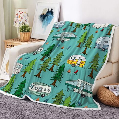 JAWO Happy Camper Throw Blanket, Retro RV Camper Travel Trailers Forest Flannel Blanket for Couch Bed Sofa Chair Home Decor, Camping Travel Outdoor Blanket, Cozy Warm Soft Blankets, 50x60 Inch in Saudi Arabia