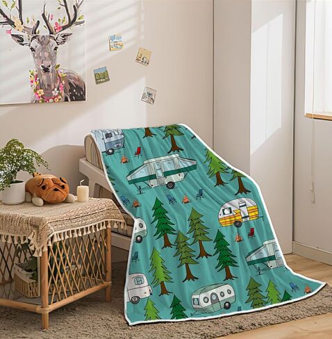 JAWO Happy Camper Throw Blanket, Retro RV Camper Travel Trailers Forest Flannel Blanket for Couch Bed Sofa Chair Home Decor, Camping Travel Outdoor Blanket, Cozy Warm Soft Blankets, 50x60 Inch in Saudi Arabia