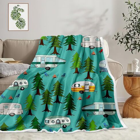JAWO Happy Camper Throw Blanket, Retro RV Camper Travel Trailers Forest Flannel Blanket for Couch Bed Sofa Chair Home Decor, Camping Travel Outdoor Blanket, Cozy Warm Soft Blankets, 50x60 Inch in Saudi Arabia