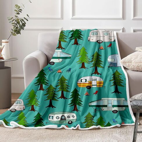 JAWO Happy Camper Throw Blanket, Retro RV Camper Travel Trailers Forest Flannel Blanket for Couch Bed Sofa Chair Home Decor, Camping Travel Outdoor Blanket, Cozy Warm Soft Blankets, 50x60 Inch in Saudi Arabia