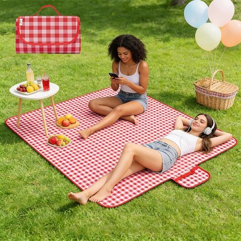 Large Picnic Outdoor Blanket, Checkered Picnic Blanket 59“x78.7" Waterproof Foldable Blankets Gingham Picnic Mat for Beach, Park, Lawn, Picnics, and Camping, Red and White in Saudi Arabia