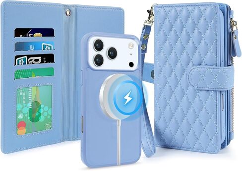 for iPhone 17 AIR Case Wallet,Compatible with MagSafe 2 in 1 Magnetic Detachable PU Leather RFID Blocking Wallet Cover Card Holder Zipper Wrist Strap Lanyard,Floral Sky Blue in Saudi Arabia