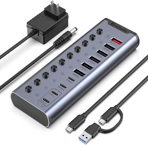 موزع USB يعمل بالطاقة، موزع USB C ذو 10 منافذ مع 6*USB-A 3.2، 2*USB-C 3.2 و2*PD 45W منافذ شحن، مفاتيح فردية ومحول طاقة 24 فولت/3 أمبير، وصلة USB لأجهزة MacBook والكمبيوتر الشخصي والمزيد. in Kuwait