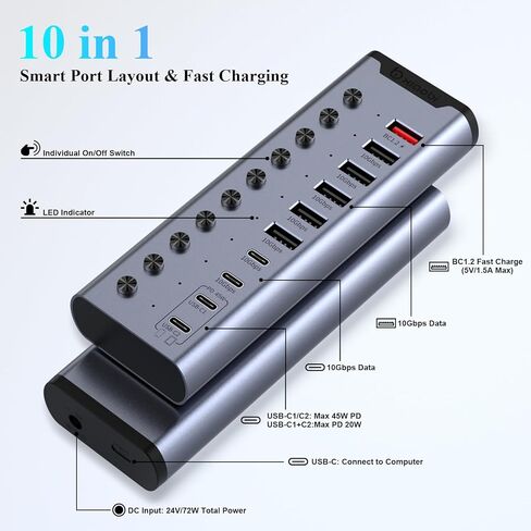موزع USB يعمل بالطاقة، موزع USB C ذو 10 منافذ مع 6*USB-A 3.2، 2*USB-C 3.2 و2*PD 45W منافذ شحن، مفاتيح فردية ومحول طاقة 24 فولت/3 أمبير، وصلة USB لأجهزة MacBook والكمبيوتر الشخصي والمزيد. in Kuwait