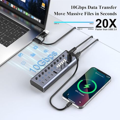 موزع USB يعمل بالطاقة، موزع USB C ذو 10 منافذ مع 6*USB-A 3.2، 2*USB-C 3.2 و2*PD 45W منافذ شحن، مفاتيح فردية ومحول طاقة 24 فولت/3 أمبير، وصلة USB لأجهزة MacBook والكمبيوتر الشخصي والمزيد. in Kuwait