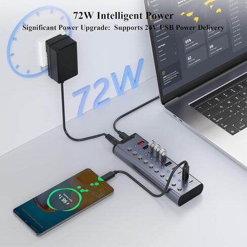 موزع USB يعمل بالطاقة، موزع USB C ذو 10 منافذ مع 6*USB-A 3.2، 2*USB-C 3.2 و2*PD 45W منافذ شحن، مفاتيح فردية ومحول طاقة 24 فولت/3 أمبير، وصلة USB لأجهزة MacBook والكمبيوتر الشخصي والمزيد. in Kuwait