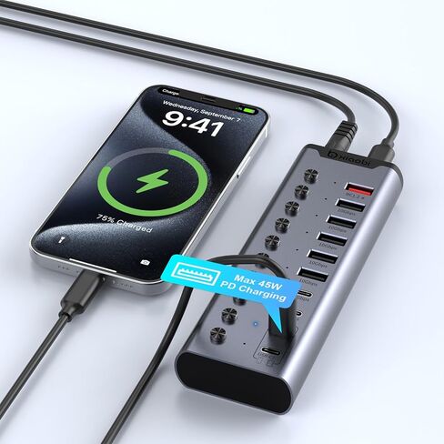 موزع USB يعمل بالطاقة، موزع USB C ذو 10 منافذ مع 6*USB-A 3.2، 2*USB-C 3.2 و2*PD 45W منافذ شحن، مفاتيح فردية ومحول طاقة 24 فولت/3 أمبير، وصلة USB لأجهزة MacBook والكمبيوتر الشخصي والمزيد. in Kuwait