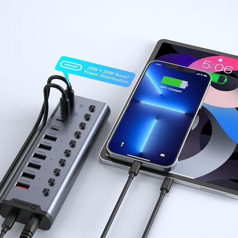 موزع USB يعمل بالطاقة، موزع USB C ذو 10 منافذ مع 6*USB-A 3.2، 2*USB-C 3.2 و2*PD 45W منافذ شحن، مفاتيح فردية ومحول طاقة 24 فولت/3 أمبير، وصلة USB لأجهزة MacBook والكمبيوتر الشخصي والمزيد. in Kuwait