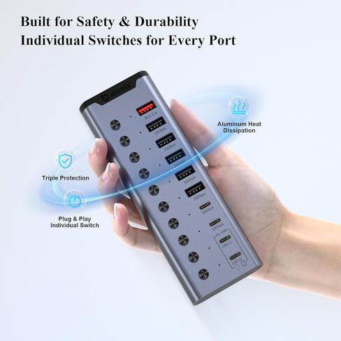 موزع USB يعمل بالطاقة، موزع USB C ذو 10 منافذ مع 6*USB-A 3.2، 2*USB-C 3.2 و2*PD 45W منافذ شحن، مفاتيح فردية ومحول طاقة 24 فولت/3 أمبير، وصلة USB لأجهزة MacBook والكمبيوتر الشخصي والمزيد. in Kuwait