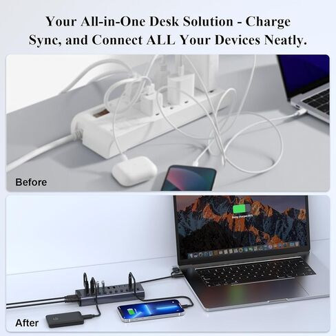 موزع USB يعمل بالطاقة، موزع USB C ذو 10 منافذ مع 6*USB-A 3.2، 2*USB-C 3.2 و2*PD 45W منافذ شحن، مفاتيح فردية ومحول طاقة 24 فولت/3 أمبير، وصلة USB لأجهزة MacBook والكمبيوتر الشخصي والمزيد. in Kuwait