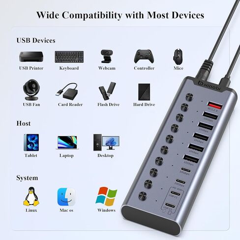 موزع USB يعمل بالطاقة، موزع USB C ذو 10 منافذ مع 6*USB-A 3.2، 2*USB-C 3.2 و2*PD 45W منافذ شحن، مفاتيح فردية ومحول طاقة 24 فولت/3 أمبير، وصلة USB لأجهزة MacBook والكمبيوتر الشخصي والمزيد. in Kuwait