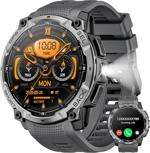 Military Smart Watch for Men with GPS, 1.43" AMOLED Bluetooth Call, LED Flashlight, Rugged Tactical Watch for Android iOS, 3ATM Waterproof Fitness Tracker with Heart Rate Pedometer (Black) in Saudi Arabia