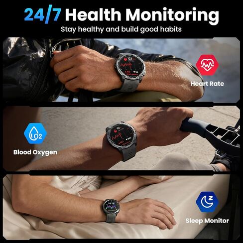 Military Smart Watch for Men with GPS, 1.43" AMOLED Bluetooth Call, LED Flashlight, Rugged Tactical Watch for Android iOS, 3ATM Waterproof Fitness Tracker with Heart Rate Pedometer (Black) in Saudi Arabia