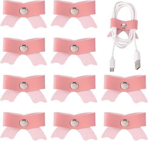 10pcs Pink Bow Cord Organizers, PU Leather Cable Holder Straps Bowknot Electronic Device Cord Management Ties for Storing Chargers and Earphones in Saudi Arabia