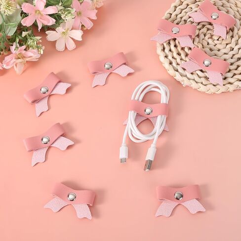 10pcs Pink Bow Cord Organizers, PU Leather Cable Holder Straps Bowknot Electronic Device Cord Management Ties for Storing Chargers and Earphones in Saudi Arabia