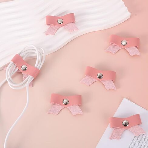 10pcs Pink Bow Cord Organizers, PU Leather Cable Holder Straps Bowknot Electronic Device Cord Management Ties for Storing Chargers and Earphones in Saudi Arabia