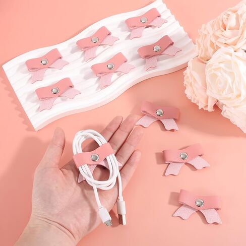 10pcs Pink Bow Cord Organizers, PU Leather Cable Holder Straps Bowknot Electronic Device Cord Management Ties for Storing Chargers and Earphones in Saudi Arabia