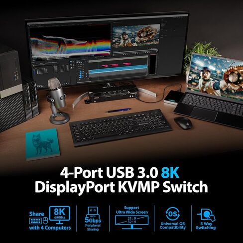 ATEN CS1924A 4 منافذ USB 3.0 8K DisplayPort KVM Switch، التحكم في 4 أجهزة كمبيوتر مع شاشة واحدة، لوحة مفاتيح، ماوس، 8K عند 60 هرتز، 4K عند 120 هرتز، مفتاح HotKey، زر ضغط، منفذ عن بعد أو محول RS-232، الكابلات متضمنة in Kuwait