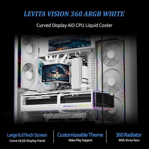 مبرد مياه وحدة المعالجة المركزية TR Thermalright Levita Vision 360 ARGB White CPU، مروحة 3xTL-M12QW Pwm، شاشة منحنية 6.67 بوصة بدقة 2400x1080، شاشة نسبة بصرية 5.5:4.5 ثلاثية الأبعاد، لـ AM4/AM5، LGA1851/1700 in Kuwait