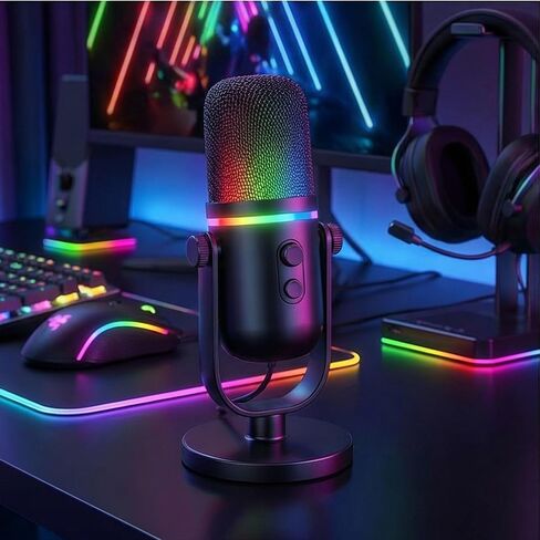 RGB Condenser Mic for Streaming & Podcasting | USB HD Recording, Noise Reduction, Real-Time Monitoring | PC & Mobile Compatible in Saudi Arabia