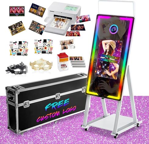 Magic Mirror Photo Booth with Printer 45-22" Touch Screen DSLR Photo Booth with RGB Light Instant Printing and Sharing Professional PhotoBooth for Party (White-2) in Saudi Arabia