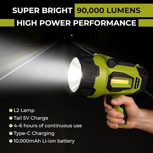 Camping Lantern Rechargeable - Led Spotlight Flashlight 90,000LM With 10,000mAh (6 To 12 Hours Of Runtime) - Usb-c Fast Charging- Outdoor Handheld Spotlight For Camping, Flash Lights For Emergency in Kuwait