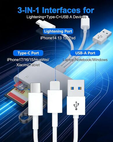 قارئ بطاقة SD 3 في 1 - محول كاميرا USB لايتنينغ إلى USB مع فتحات SD/Micro SD ومنفذ USB، التوصيل والتشغيل Lightning/USB-C/USB-A 3 واجهات محول بطاقة SD لأجهزة iPhone 17/16/15/14/13/iPad/Android in Saudi Arabia
