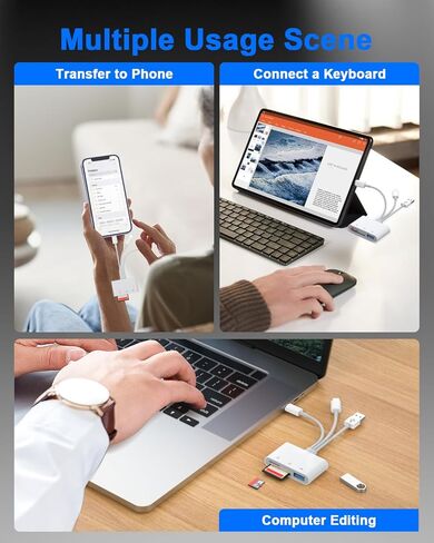 قارئ بطاقة SD 3 في 1 - محول كاميرا USB لايتنينغ إلى USB مع فتحات SD/Micro SD ومنفذ USB، التوصيل والتشغيل Lightning/USB-C/USB-A 3 واجهات محول بطاقة SD لأجهزة iPhone 17/16/15/14/13/iPad/Android in Saudi Arabia