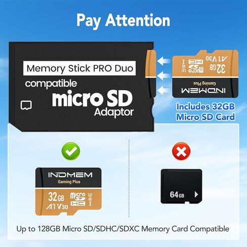محول Memory Stick PRO Duo مع بطاقة Micro SD سعة 32 جيجابايت، وبطاقة Micro SD/SDHC/SDXC إلى بطاقة Memory Stick PRO Duo MagicGate المتوافقة مع كاميرا PSP 1000/2000/3000/Cybershot وكاميرا Handycam، والهاتف الخلوي in Kuwait