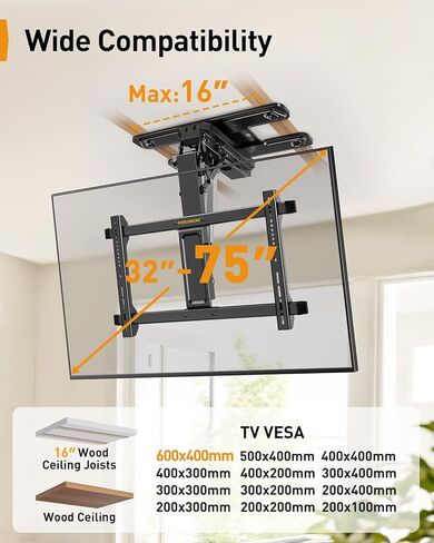 Perlegear Electric Ceiling TV Mount with App & Remote, Motorized Ceiling Mount Full Motion for 32″-75″ Flat and Curved TVs up to 110 lbs, Max VESA 600x400mm, Flip Down TV Mount for Flat Roof, PGCM12B in Saudi Arabia