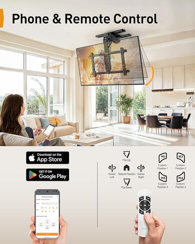 Perlegear Electric Ceiling TV Mount with App & Remote, Motorized Ceiling Mount Full Motion for 32″-75″ Flat and Curved TVs up to 110 lbs, Max VESA 600x400mm, Flip Down TV Mount for Flat Roof, PGCM12B in Saudi Arabia