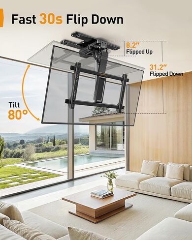 Perlegear Electric Ceiling TV Mount with App & Remote, Motorized Ceiling Mount Full Motion for 32″-75″ Flat and Curved TVs up to 110 lbs, Max VESA 600x400mm, Flip Down TV Mount for Flat Roof, PGCM12B in Saudi Arabia