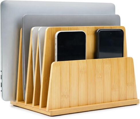 منظم الأجهزة المتعددة من Unittype Bamboo، رف تخزين عمودي للكمبيوتر المحمول 5 فتحات، محطة شحن الكمبيوتر للهواتف الذكية والأجهزة اللوحية وأجهزة الكمبيوتر المحمولة، منظم موفر للمساحة للمكتب المنزلي in Saudi Arabia