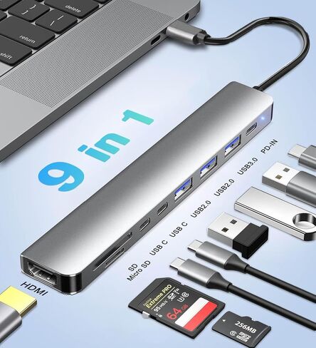 محول USB C Hub HDMI للشاشة، قاعدة توصيل كمبيوتر محمول 9 في 1 USB من النوع C مع HDMI 4K، قارئ بطاقات SD/TF، ​​100 وات PD، USB 3.0/2.0، منافذ بيانات USB C متوافقة مع MacBook Pro، XPS المزيد in Saudi Arabia