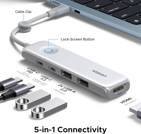 UGREEN USB C Hub 5-in-1 Revodok, Slim Portable USB-C Adapter with 100W PD Charging, 4K@60Hz HDMI, 10Gbps USB 3.2 Data Ports, Lock-Screen Button & Cable Clip for MacBook Air/Pro, iPad, Laptops in Saudi Arabia
