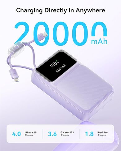 شاحن Kuulaa المحمول مع كابلات مدمجة 20000 مللي أمبير في الساعة، بنك طاقة للسفر مع شاشة LED، حزمة بطارية شحن سريع 22.5 وات لهاتف iPhone 17 16 15 14 13 12 Android in Kuwait