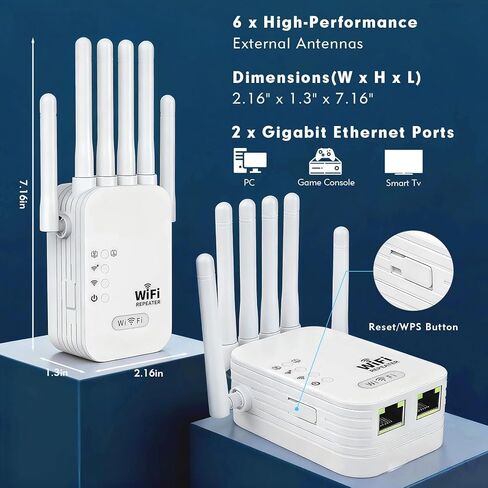 WiFi Extenders Signal Booster for Home - 300Mbps 2.4GHz WiFi Booster and Signal Amplifier with 6 Antennas, 9,800 Sq.ft Coverage, Easy Setup, Ethernet Port, WPA2 Security - White in Saudi Arabia
