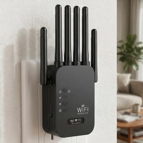 معزز إشارة موسع WiFi، نطاق مزدوج 5 جيجا هرتز/2.4 جيجا هرتز، موسع WiFi - سرعة 1200 ميجا بت في الثانية، 6 هوائيات عالية الكسب، WPA2، يدعم أكثر من 150 جهازًا (أسود أمريكي) in Saudi Arabia