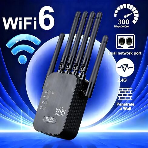 معزز إشارة موسع WiFi، نطاق مزدوج 5 جيجا هرتز/2.4 جيجا هرتز، موسع WiFi - سرعة 1200 ميجا بت في الثانية، 6 هوائيات عالية الكسب، WPA2، يدعم أكثر من 150 جهازًا (أسود أمريكي) in Saudi Arabia