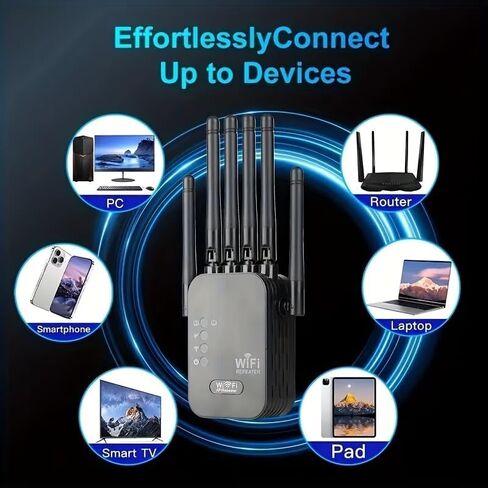 معزز إشارة موسع WiFi، نطاق مزدوج 5 جيجا هرتز/2.4 جيجا هرتز، موسع WiFi - سرعة 1200 ميجا بت في الثانية، 6 هوائيات عالية الكسب، WPA2، يدعم أكثر من 150 جهازًا (أسود أمريكي) in Saudi Arabia
