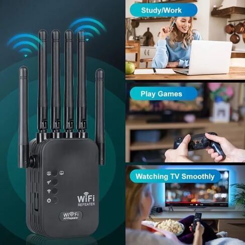 معزز إشارة موسع WiFi، نطاق مزدوج 5 جيجا هرتز/2.4 جيجا هرتز، موسع WiFi - سرعة 1200 ميجا بت في الثانية، 6 هوائيات عالية الكسب، WPA2، يدعم أكثر من 150 جهازًا (أسود أمريكي) in Saudi Arabia