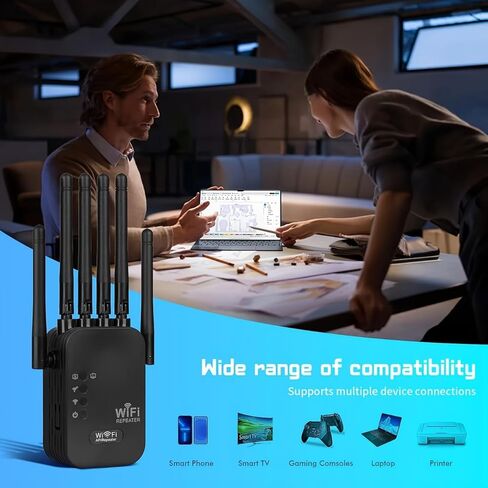 معزز إشارة موسع WiFi، نطاق مزدوج 5 جيجا هرتز/2.4 جيجا هرتز، موسع WiFi - سرعة 1200 ميجا بت في الثانية، 6 هوائيات عالية الكسب، WPA2، يدعم أكثر من 150 جهازًا (أسود أمريكي) in Saudi Arabia