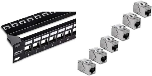TRENDnet Bundle 24-Port Blank Keystone Shielded 1U Patch Panel TC-KP24S, Cat6A RJ45 Keystone Female to Female Inline Coupler Keystone Jack 6-Pack, TC-KC06C6A in Saudi Arabia
