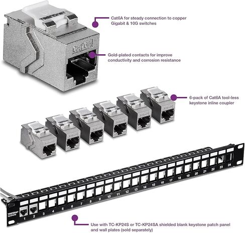 TRENDnet Bundle 24-Port Blank Keystone Shielded 1U Patch Panel TC-KP24S, Cat6A RJ45 Keystone Female to Female Inline Coupler Keystone Jack 6-Pack, TC-KC06C6A in Saudi Arabia