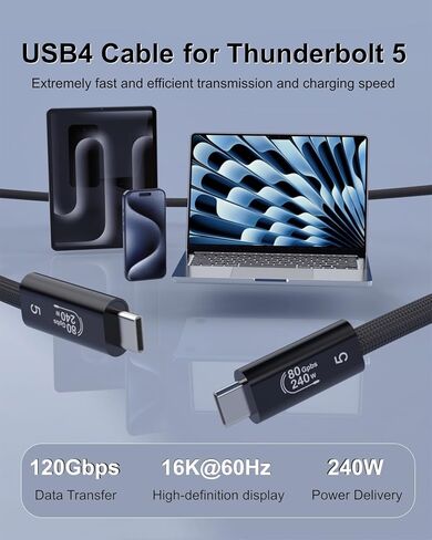 AIRSKY 80Gbps Compatible with Thunderbolt 5 Cable, Bandwidth up to 120Gbps,16K/Dual 8K Display and 240W Charging, 3.3ft USB C to USB C Cable Compatible with Thunderbolt 4/5 in Saudi Arabia