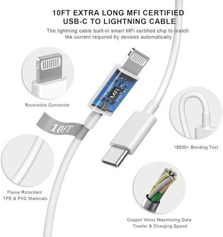[معتمد من Apple MFi] شاحن iPhone سريع بطول 10 أقدام، شاحن طويل للغاية شحن سريع 2 حزمة 20 وات USB C شاحن كتلة التوصيل 10 أقدام سلك كابل لايتنينج لهاتف Apple iPhone 14/Pro/Pro Max/Plus/13/12/11/XS/XR/X/SE in Saudi Arabia
