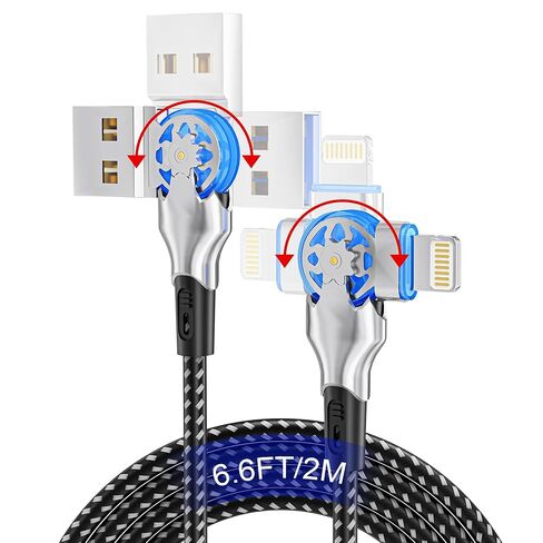 90 Degree Lightning Cable with 180°Rotating Connector, 6.6FT Swivel Right Angle iPhone Charger Cord, MFi 180° Rotating Lightning Cable for iPhone 14/13/12/11/8/7/XS/XR/X, Nylon Braided & Fast Charging in Saudi Arabia