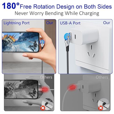 90 Degree Lightning Cable with 180°Rotating Connector, 6.6FT Swivel Right Angle iPhone Charger Cord, MFi 180° Rotating Lightning Cable for iPhone 14/13/12/11/8/7/XS/XR/X, Nylon Braided & Fast Charging in Saudi Arabia